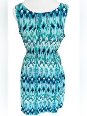 Speed Control Teal & Navy Abstract Print Sleeveless elastic waist dress size S.